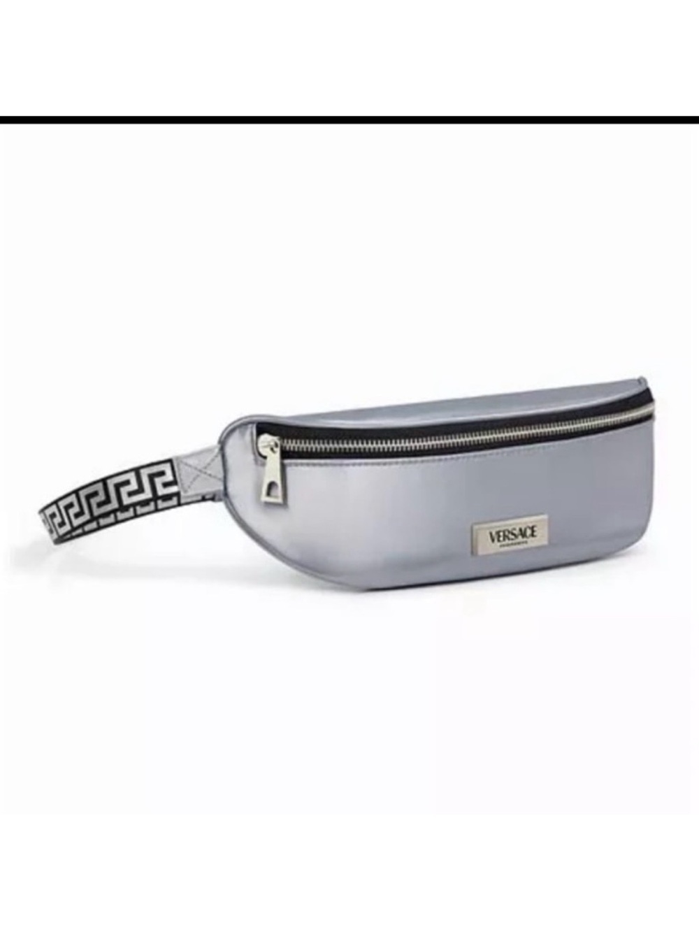 Versace Fragrances Silver Gray Logo Belt Bag with Patterned Strap